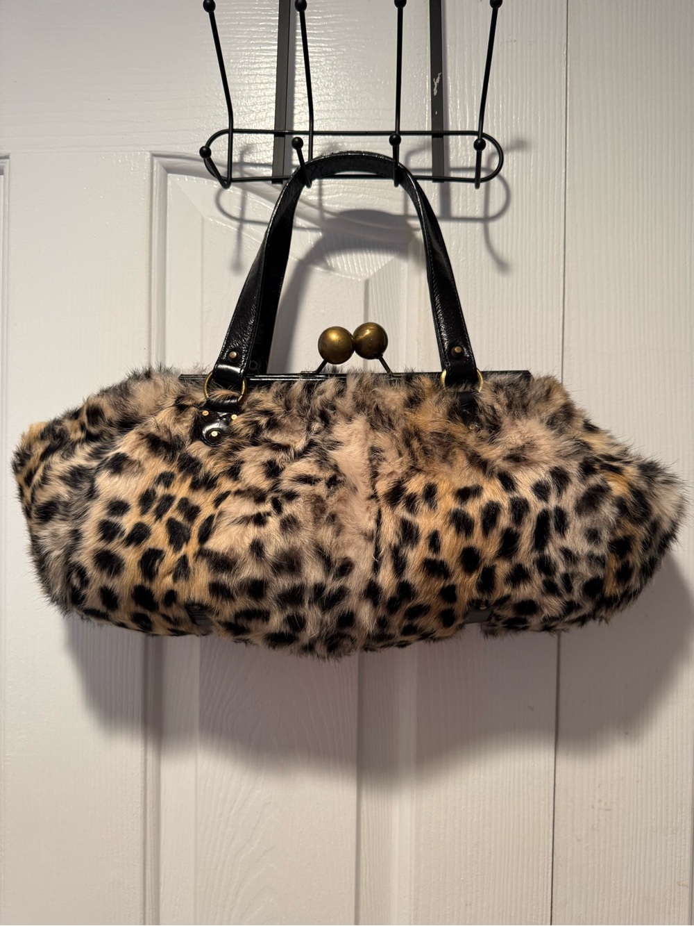 Vintage Nordstrom Leopard-Print Rabbit Fur Y2K Granny Bag Satchel